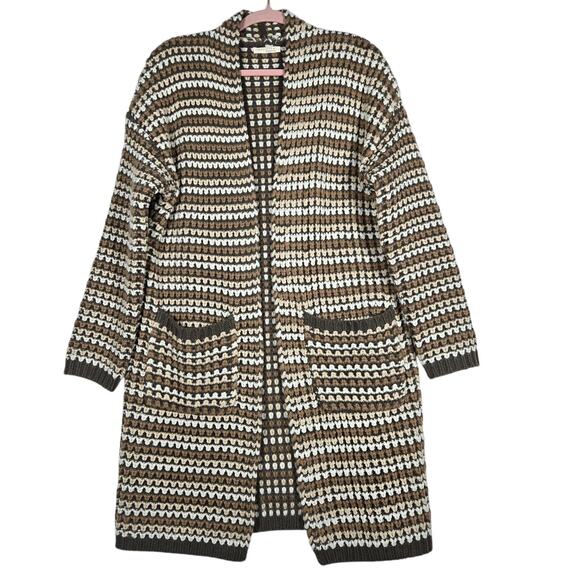 lovestitch Sweaters - Lovestitch Cardigan Sweater Womens Small Brown Cream Striped Open Chunky Cozy